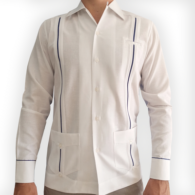 White long-sleeve wedding guayabera with blue trim