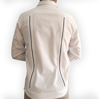 White long-sleeve wedding guayabera with blue trim – Casa Habana men’s shirt
