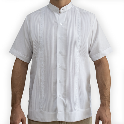 White short-sleeve embroidered guayabera with mandarin collar