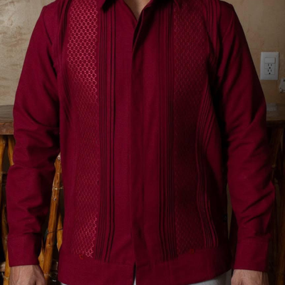 Wine guayabera long sleeve for men