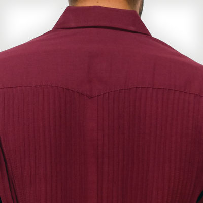Wine red guayabera shirt styled with jeans