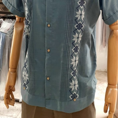 back view of slate blue guayabera
