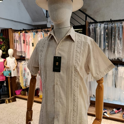 beige embroidered guayabera shirt for men