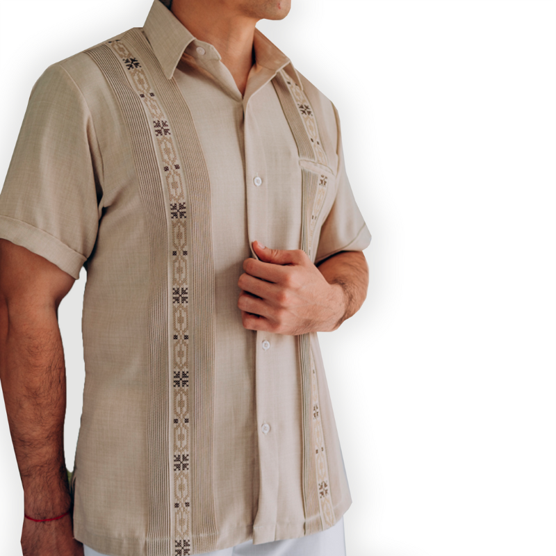 beige embroidered short sleeve guayabera shirt for men