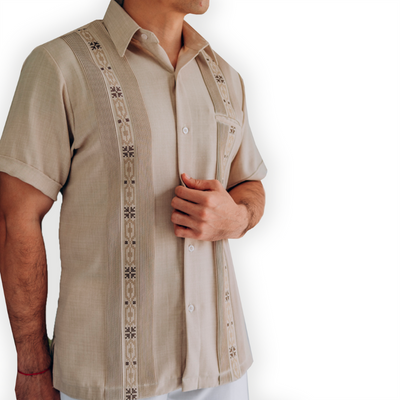 beige embroidered short sleeve guayabera shirt for men