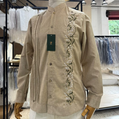 beige floral embroidered guayabera for men