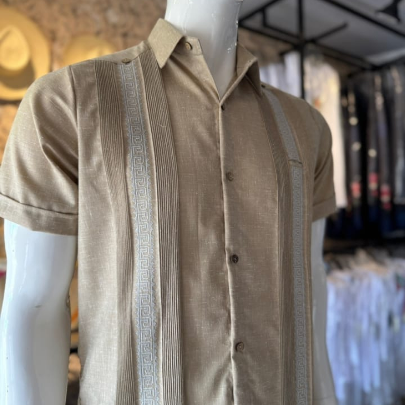 beige short sleeve embroidered guayabera shirt for men