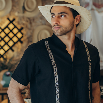 black embroidered short sleeve guayabera shirt for men