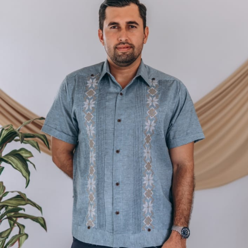 blue short sleeve embroidered guayabera for men