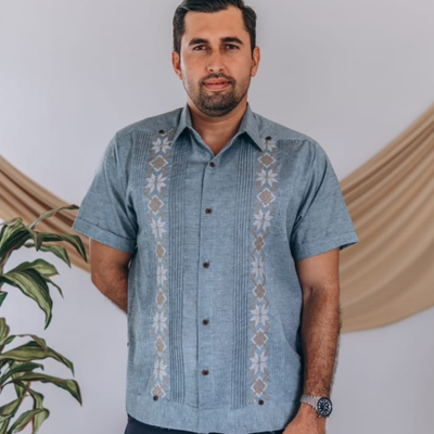 blue short sleeve embroidered guayabera for men