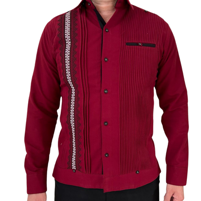 burgundy embroidered guayabera shirt for men