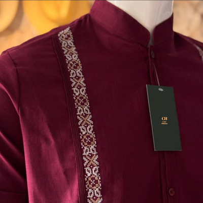 burgundy mandarin collar guayabera shirt for men
