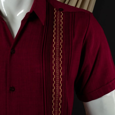 burgundy short sleeve guayabera for men texture fabric