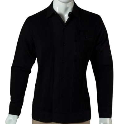 button and pleat detail on black guayabera