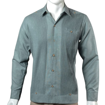 button detail on sage green guayabera