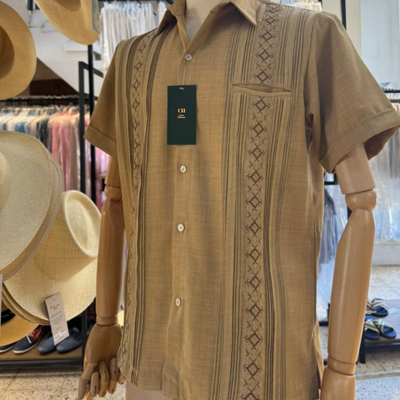 camel embroidered short sleeve guayabera shirt for men