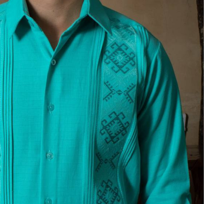 close-up of Persian green linen cotton guayabera fabric