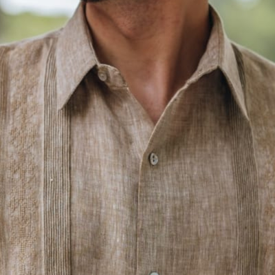 close-up of beige linen cotton guayabera fabric