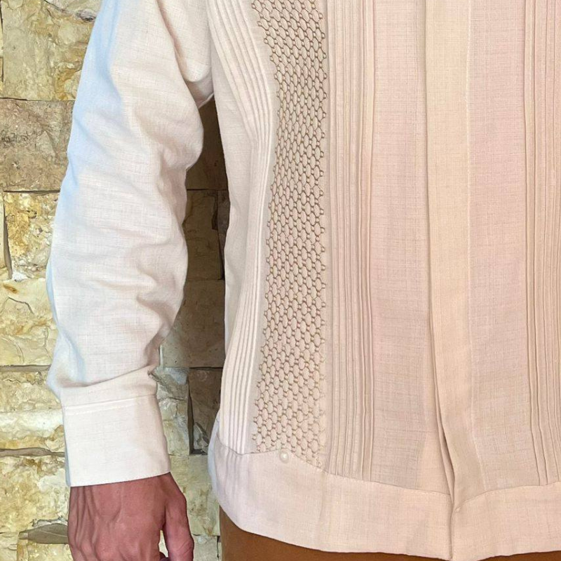 close-up of beige linen cotton guayabera fabric for men