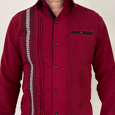 close-up of burgundy guayabera embroidery detail