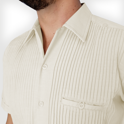 close-up of ivory guayabera linen cotton fabric