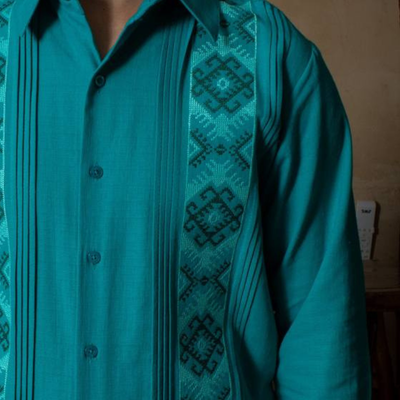 close-up of jade green guayabera linen fabric