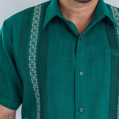 close-up of jade green linen cotton guayabera fabric