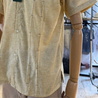 close-up of light beige linen cotton guayabera fabric