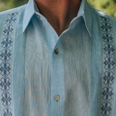 close-up of light blue linen cotton guayabera fabric