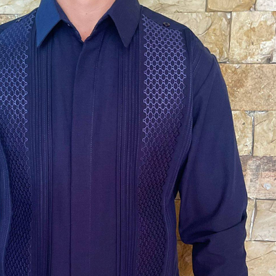 close-up of linen cotton fabric royal blue guayabera