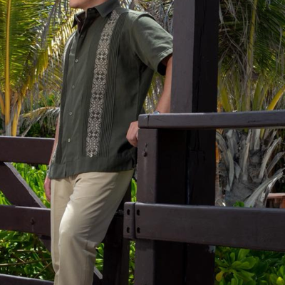 close-up of military green guayabera handmade pleats