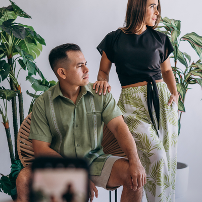 close-up of olive green guayabera fabric