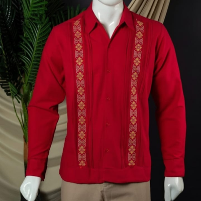 close-up of red embroidered guayabera detail