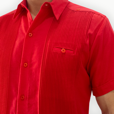 close-up of red guayabera fabric texture