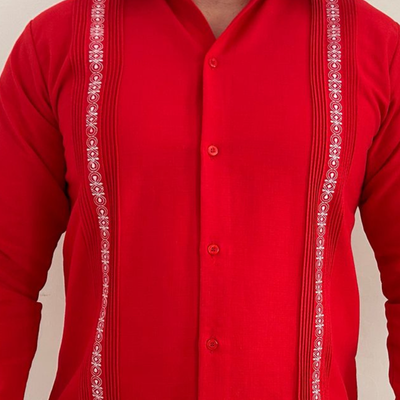 close-up of red long sleeve guayabera fabric