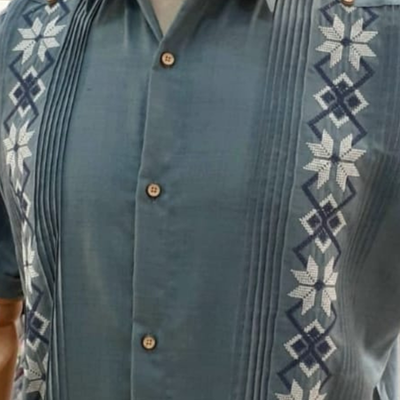close-up of slate blue guayabera fabric