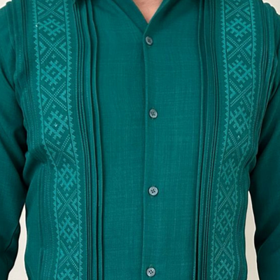 close-up of tropical green linen cotton guayabera fabric