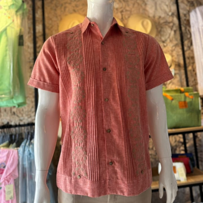 coral pink embroidered guayabera shirt