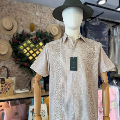 cream embroidered short sleeve guayabera shirt for men