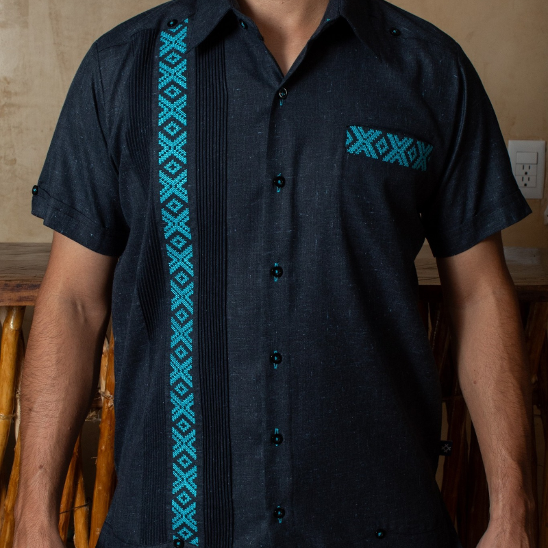 dark blue guayabera with turquoise embroidery for men