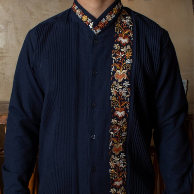 dark indigo embroidered guayabera with mandarin collar for men