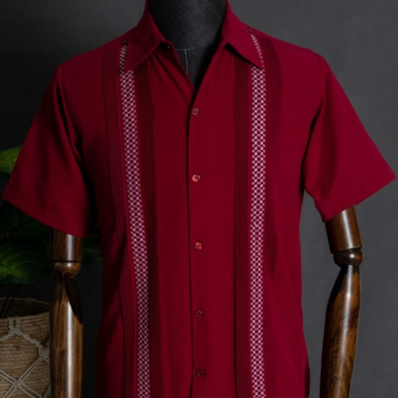 deep red short sleeve guayabera for men