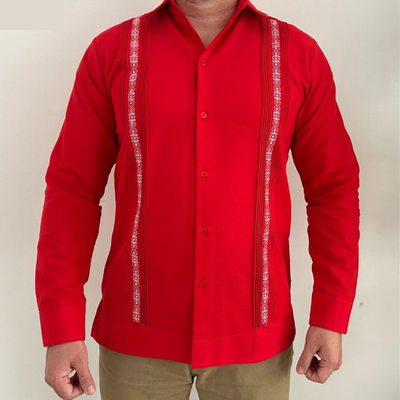 detail of red guayabera stitching