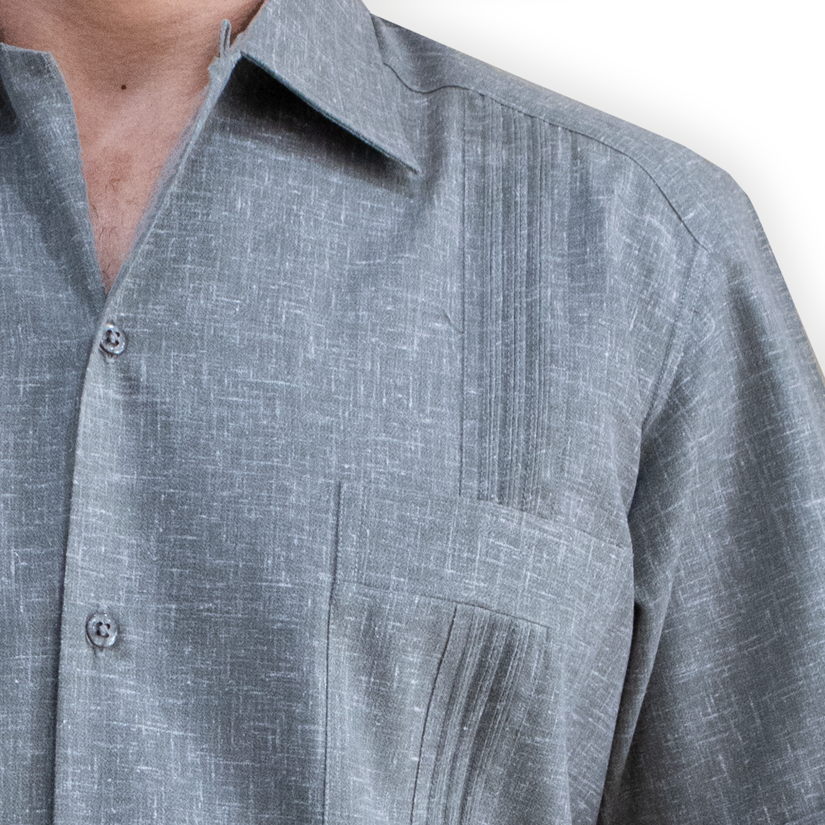 detail of traditional pleats on cuban light grey short sleeve guayabera