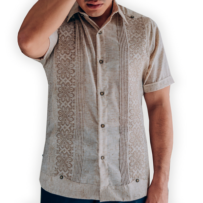 embroidered beige short sleeve guayabera for men