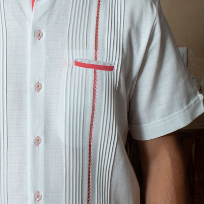 embroidered mandarin collar guayabera with pink accents