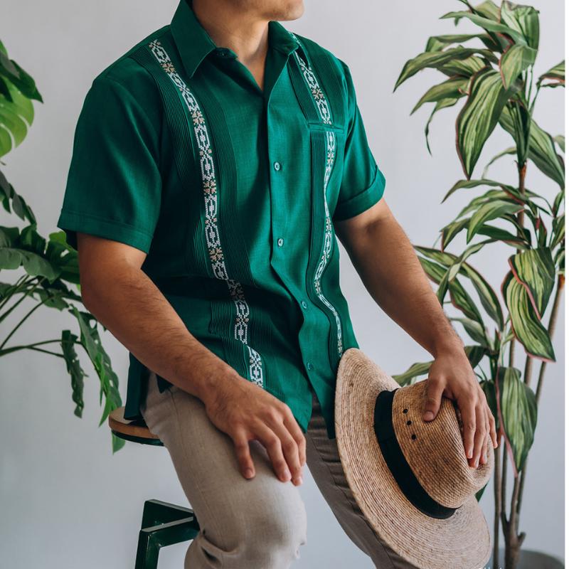 emerald green short sleeve guayabera shirt for men