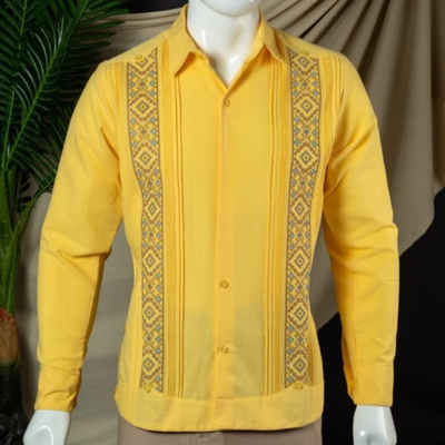 front embroidery detail on yellow guayabera