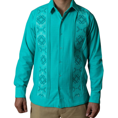 front view of Persian green guayabera handcrafted shirt