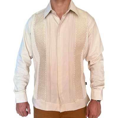 front view of beige long sleeve guayabera shirt